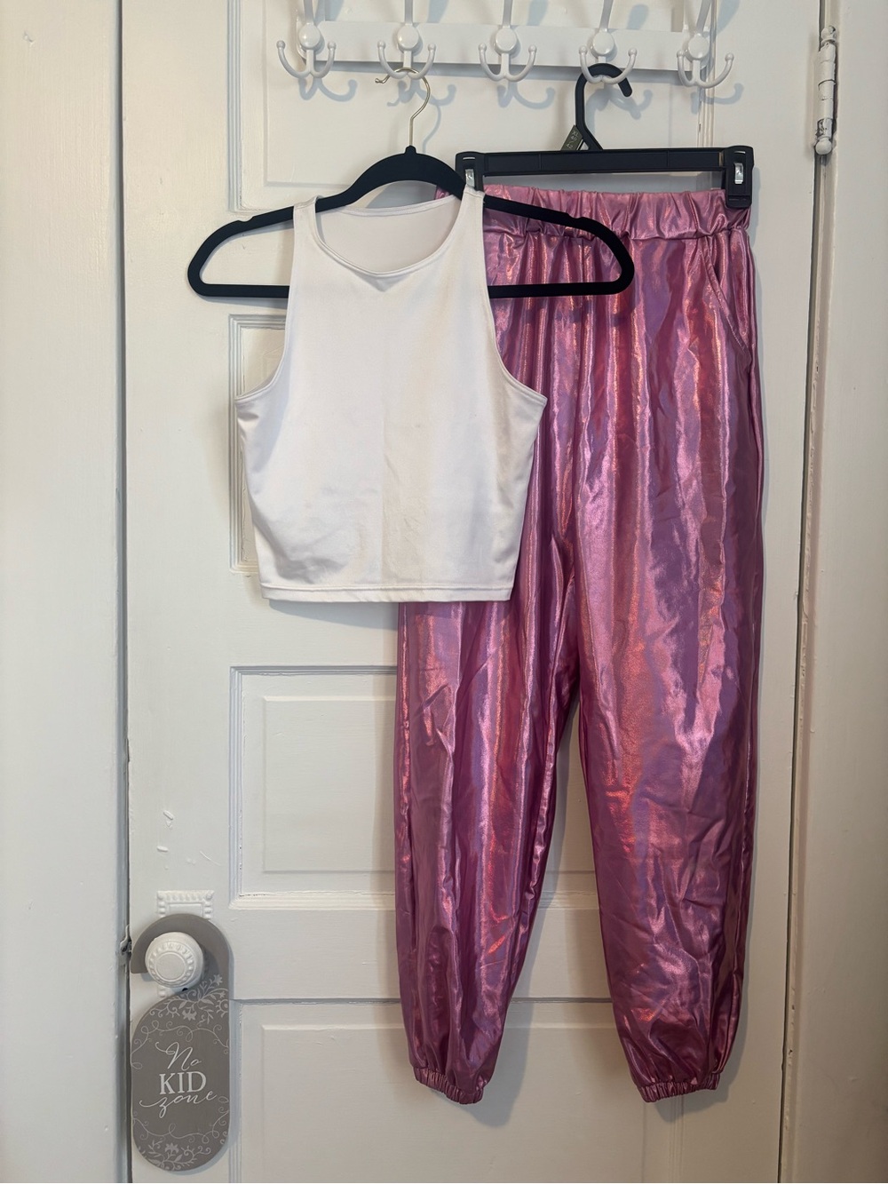 Dance costume: White Weissman Top & Pink Metallic Joggers – Adult Small